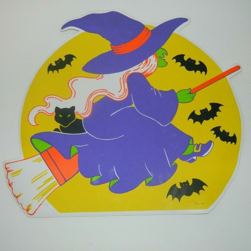 Vintage DCI Halloween Witch on Broom with Bats Black Cat & Moon Vinyl Placemats